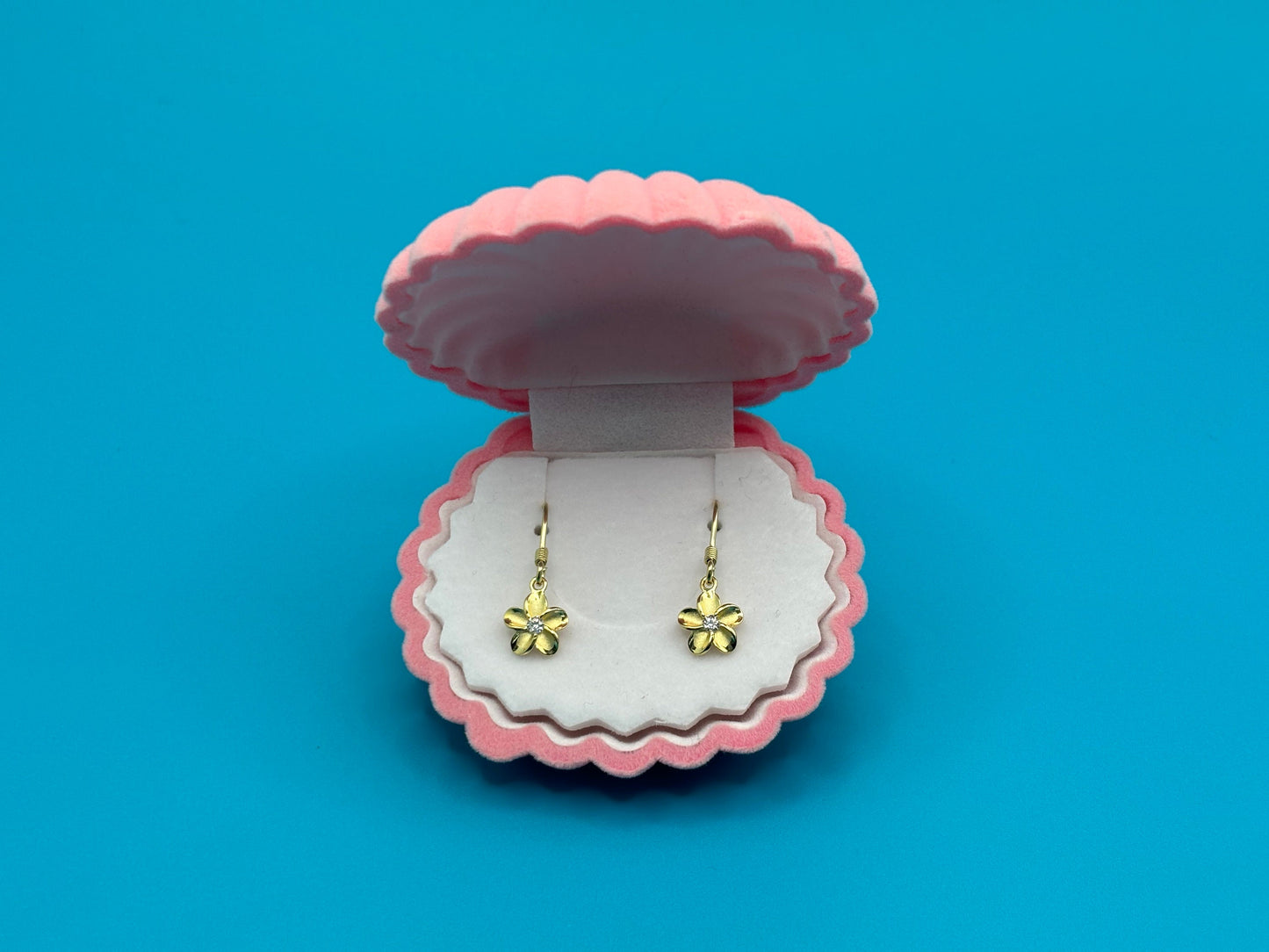 Hawaiian 925 Sterling Silver 14k Gold Plated Plumeria Hanging Earrings Cute Gift for Wife Flower Mom Girlfriend sister Stone shiny CZ