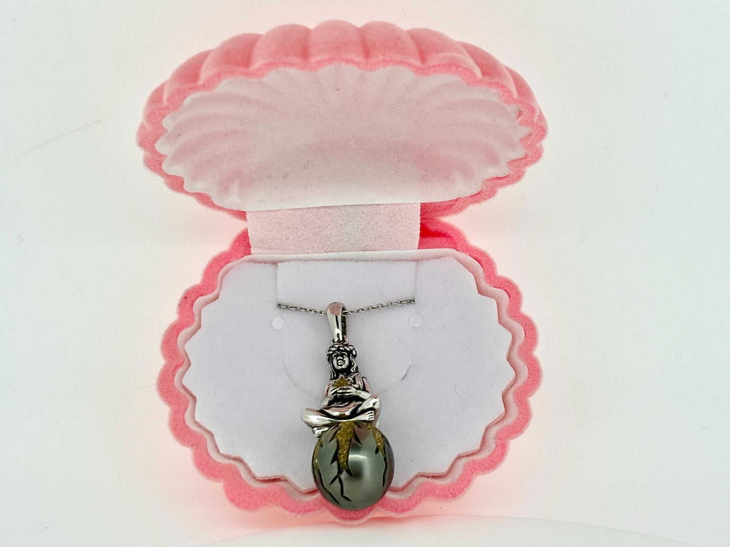 Tahitian Pearl Necklace With Chain 925 Sterling Silver Pele Necklace Volcano Goddess of Hawaii with Yellow Diamonds Birthday Gift for Her