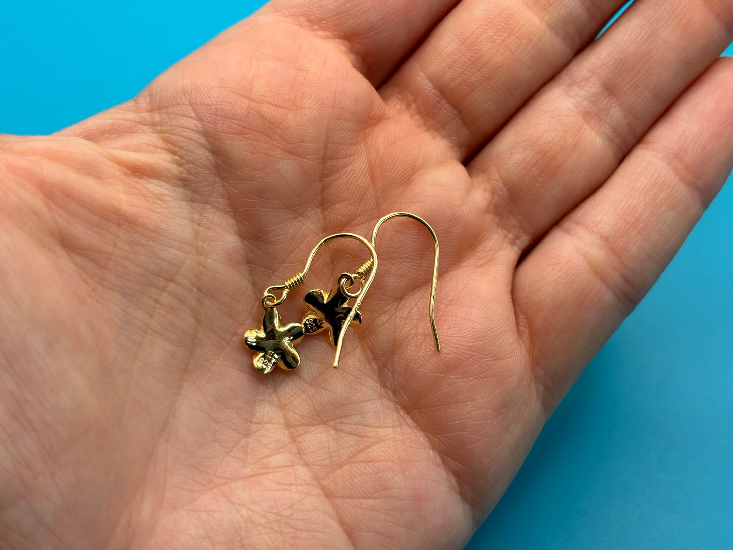 Hawaiian 925 Sterling Silver 14k Gold Plated Plumeria Hanging Earrings Cute Gift for Wife Flower Mom Girlfriend sister Stone shiny CZ