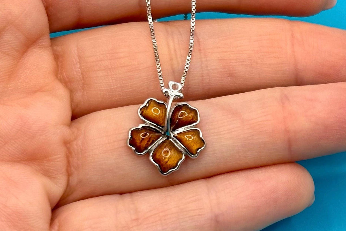 Koa Wood Hibiscus Necklace | 925 Sterling Silver, Rhodium Plated, gift for her, birthday gift, gift for mom – handmade Hawaiian jewelry, Island Goddess Jewelry