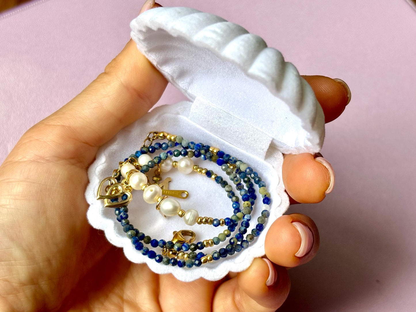 Customized Couple Necklace Genuine Lapis Lazuli  Natural Freshwater White Pearl Stainless Steel Gold romantic gift for girlfriend wife lover