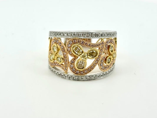 18K Solid Gold Heart Ring with Yellow and White Diamonds