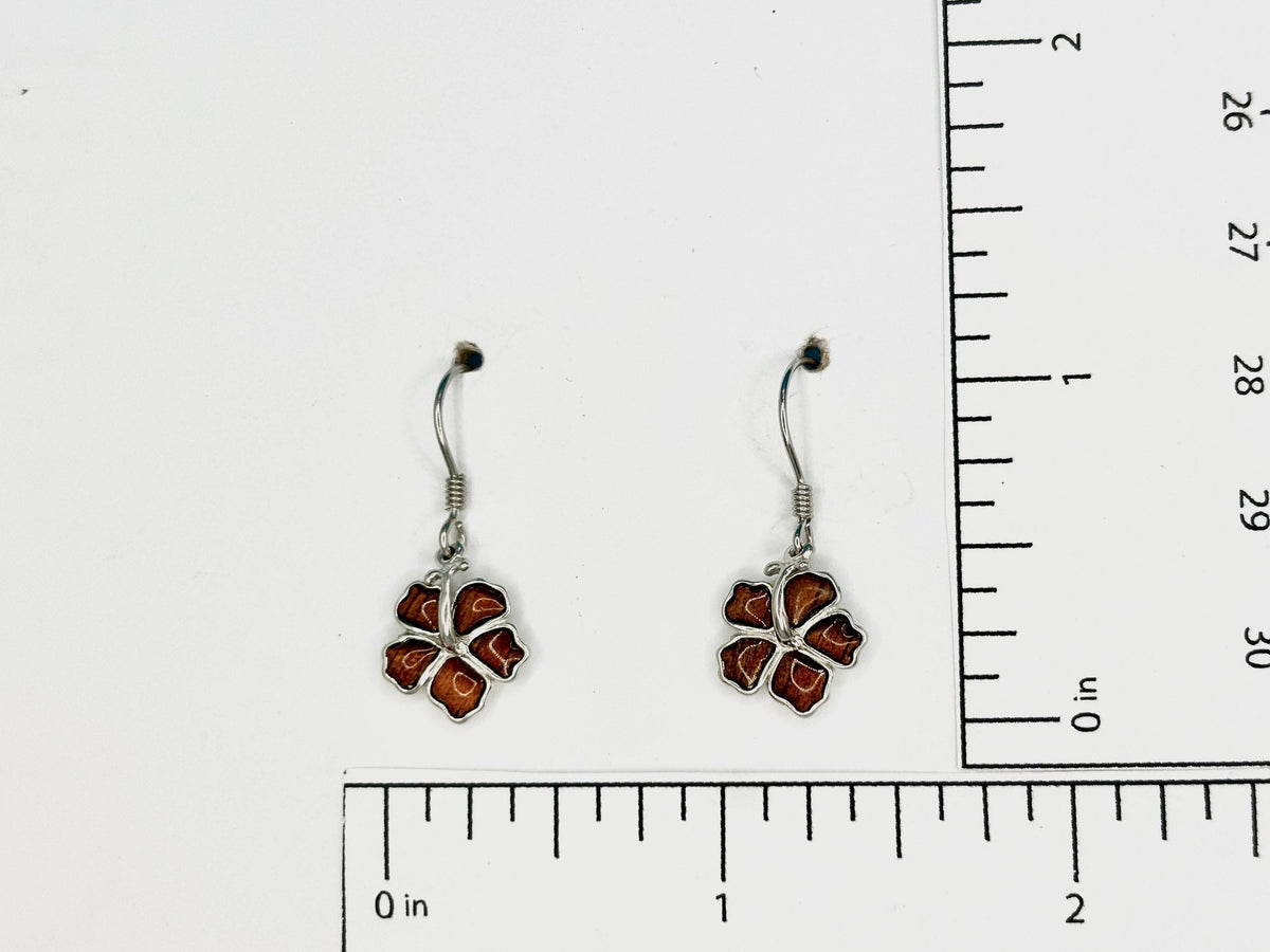 Koa Wood Hibiscus Earrings | Sterling Silver Dangle, Hawaii Jewelry