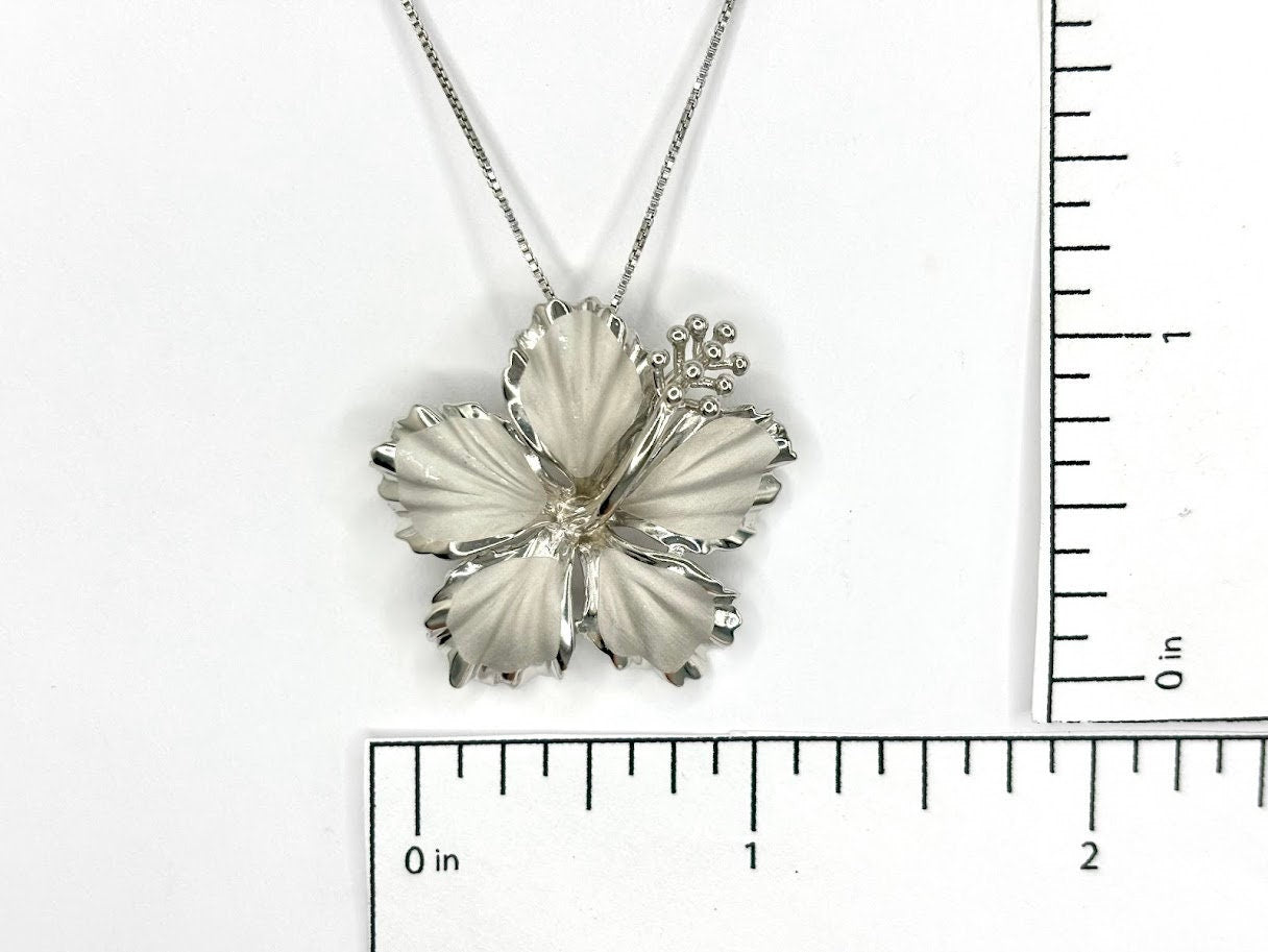 Hawaiian Hibiscus Flower elegant Necklace 925 Sterling Silver large Rhodium Plated with chain Cute Gift for Mom Mother Wife Girlfriend