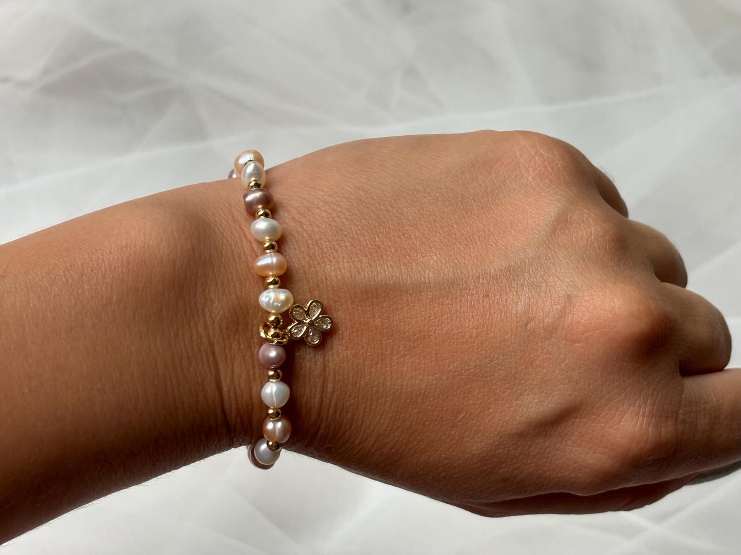 Genuine Natural Freshwater 3 Color Pearl Bracelet Adjustable With Dainty Flower Charm Gold Color Birthday Gift For Her Gift for Girlfriend