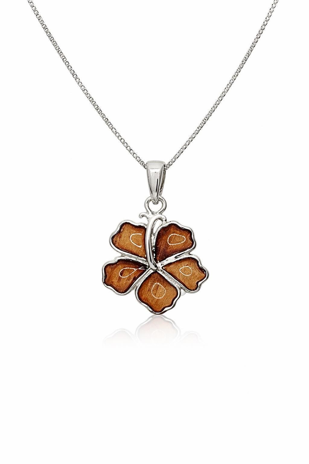 Koa Wood Hibiscus Necklace | 925 Sterling Silver, Rhodium Plated, gift for her, birthday gift, gift for mom – handmade Hawaiian jewelry, Island Goddess Jewelry