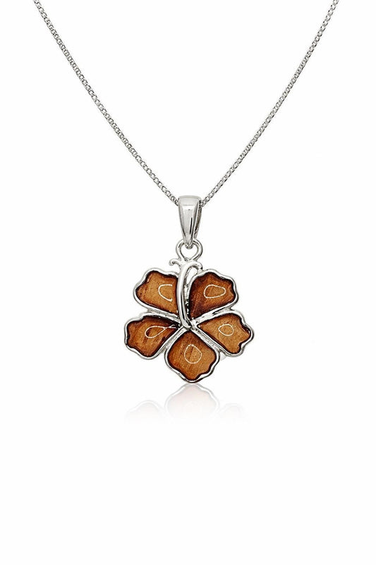 Koa Wood Hibiscus Necklace | 925 Sterling Silver, Rhodium Plated, gift for her, birthday gift, gift for mom – handmade Hawaiian jewelry, Island Goddess Jewelry