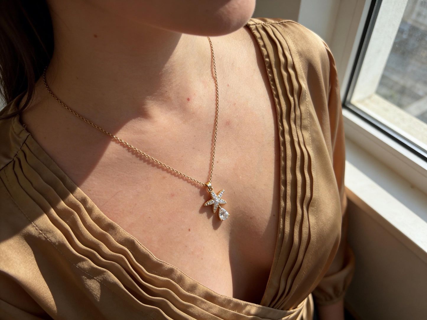 Gold Starfish Necklace - Beach Jewelry With Cubic Zirconia Pendant, Tarnish Resistant