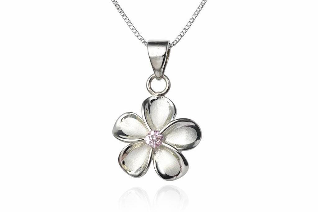Plumeria Flower Necklace, Pink Cubic Zirconia, 925 Sterling Silver, gift for her, mothers day gift, gift for mom – handmade Hawaiian jewelry, Island Goddess Jewelry
