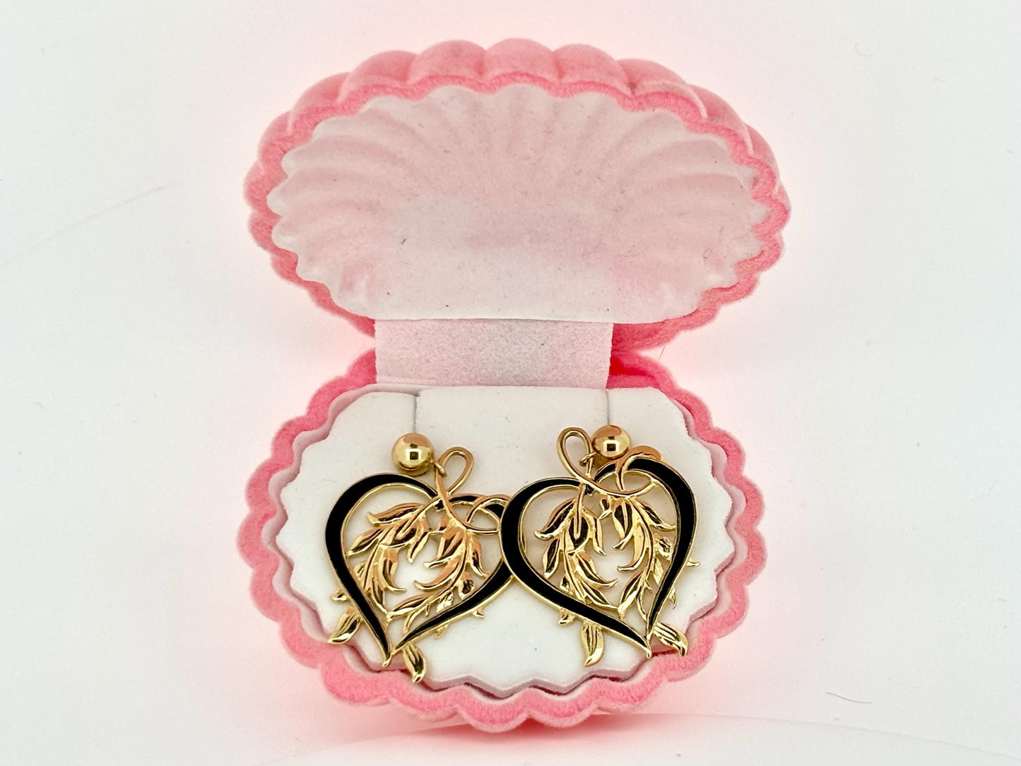 14K Solid Gold Heart Earrings Flower Earrings Hawaiian Plant Earrings Gold Earrings Birthday Gift for her Gift for Mom Gift for Girlfriend