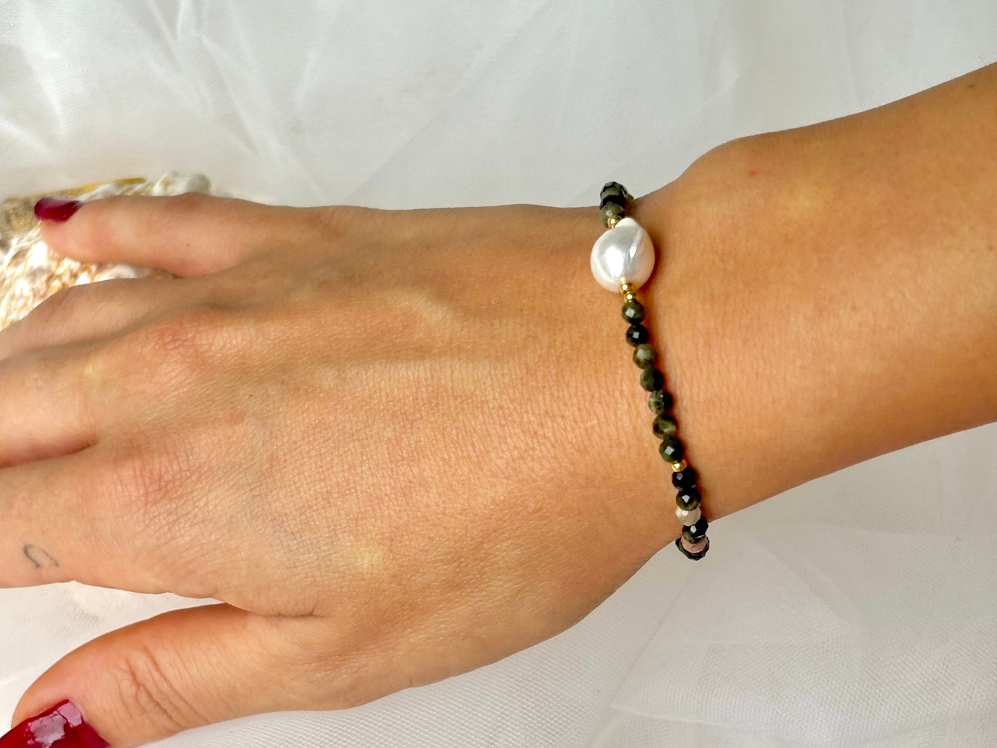 Healing Crystal Birthstone October Bracelet Genuine Freshwater White Pearl Rainbow Tourmaline Bracelet Adjustable Tarnish Free Gift For Her