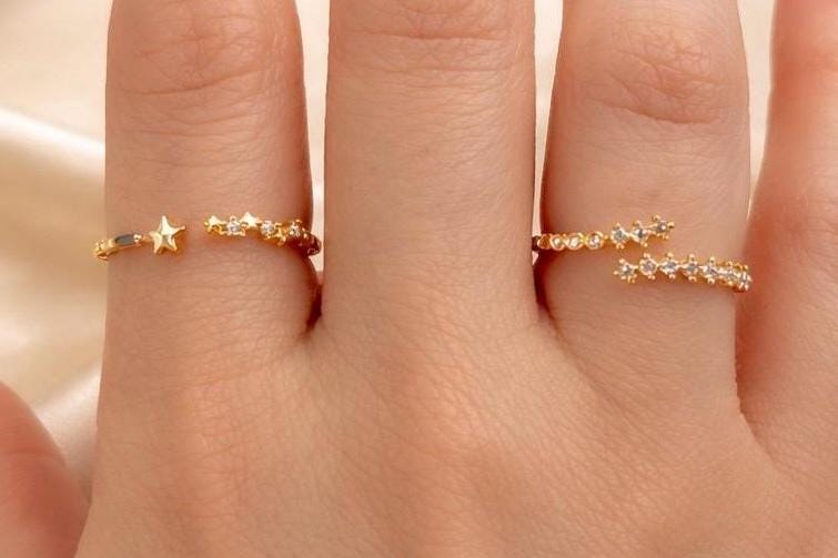 Star Ring Adjustable Gold Plated Stainless Steel Ring with Zirconia Stone