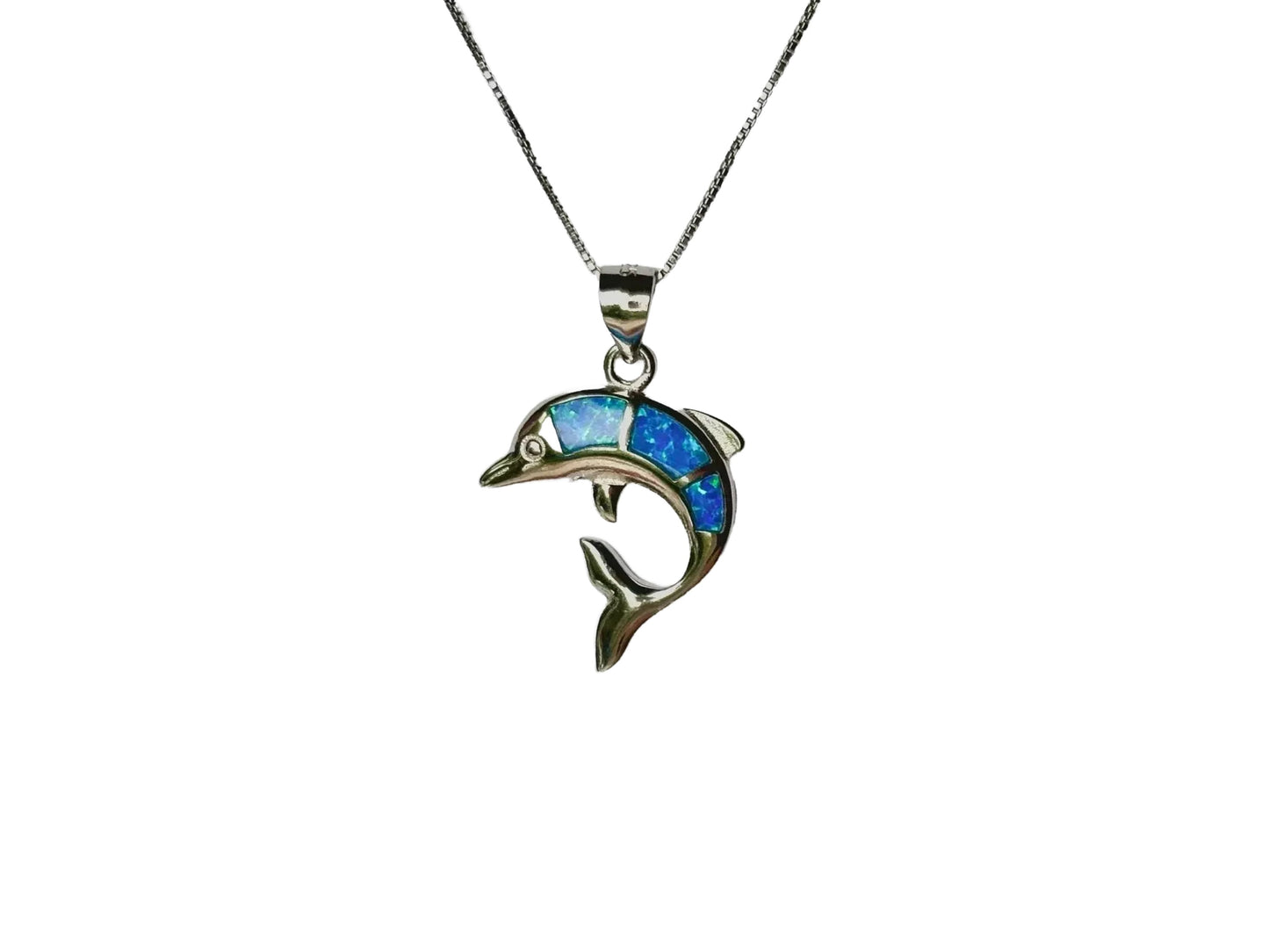 A silver pendant necklace with a dolphin pendant made of opal stones.