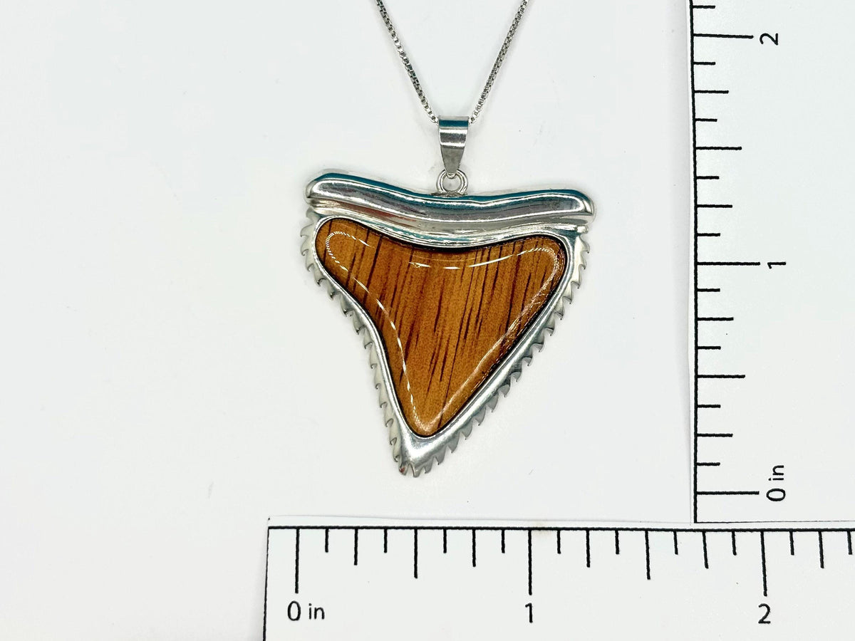 Shark Tooth Necklace, Hawaii Koa Wood, Rhodium Silver Pendant Set, gift, nontarnish, sharklover – handmade Hawaiian jewelry, Island Goddess Jewelry