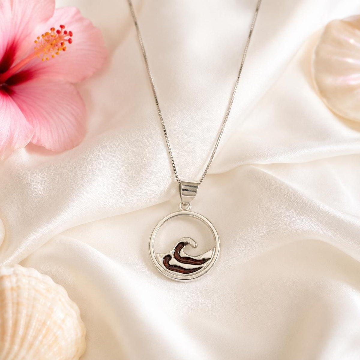 Koa Wood Wave Necklace, Sterling Silver Hawaii Ocean Gift For Her, nontarnish, round, surfer – handmade Hawaiian jewelry, Island Goddess Jewelry