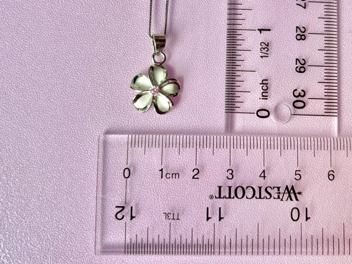 Plumeria Flower Necklace, Pink Cubic Zirconia, 925 Sterling Silver