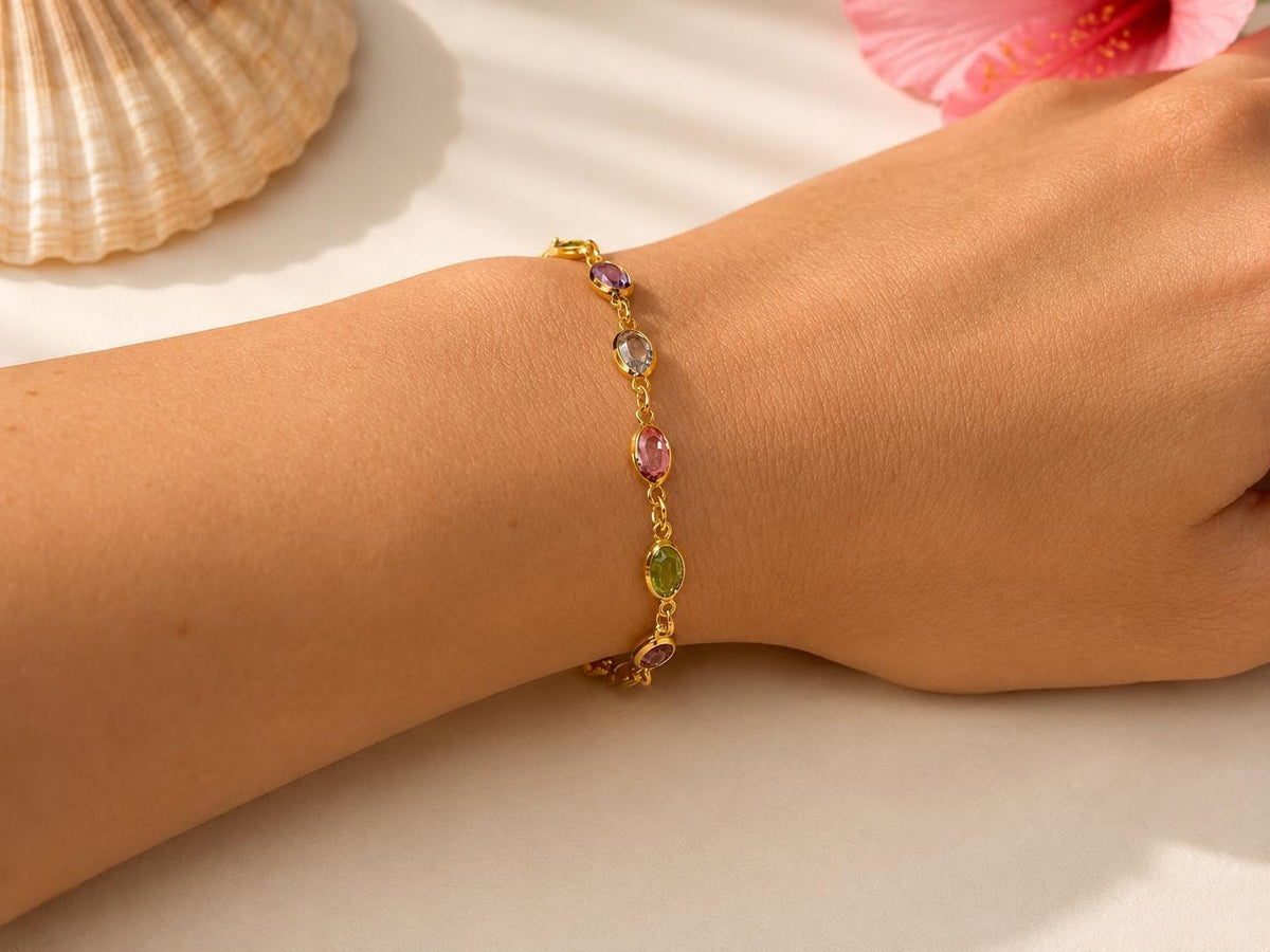 Dainty Gold Gemstone Bracelet, Pastel CZ Chain, Hawaii Made Gift, gift for her, 7th anniversary gift, best friend bracelet – handmade Hawaiian jewelry, Island Goddess Jewelry