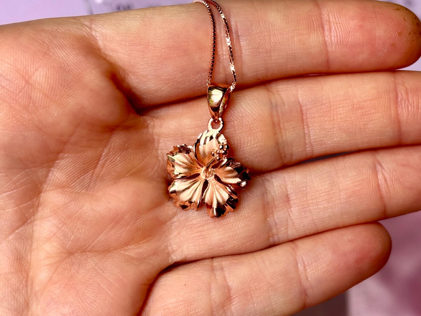 Hawaiian Hibiscus Flower Rose Gold Elegant Necklace 925 Sterling Silver with chain Cute Gift for Mom Mother Wife Girlfriend Romantic