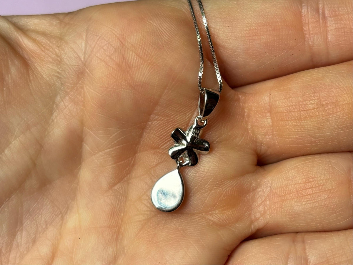 Blue Opal Plumeria Necklace, Rhodium Plated Silver Flower Pendant, gift for her, birthday gift, gift for mom – handmade Hawaiian jewelry, Island Goddess Jewelry