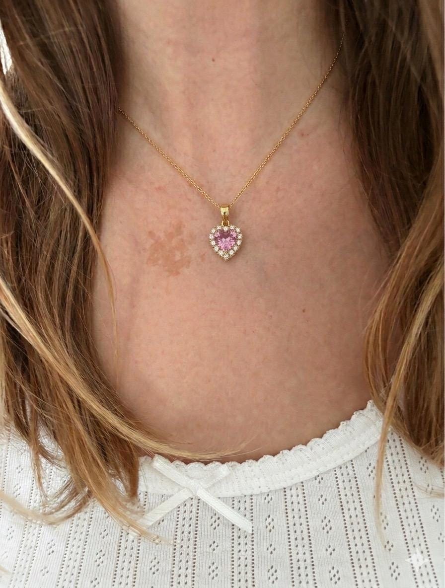 Pink Heart Necklace – Adjustable Chain Necklace With Cubic Zirconia Pendant Gift For Her
