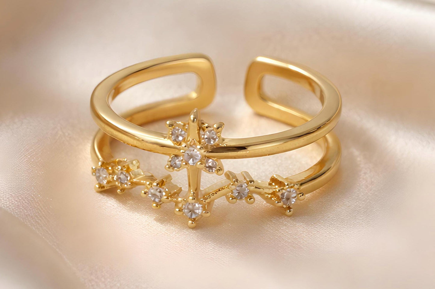 Star Ring Adjustable Gold Plated Ring – Cubic Zirconia Celestial Jewelry