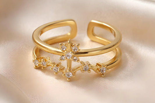 Star Ring Adjustable Gold Plated Ring – Cubic Zirconia Celestial Jewelry