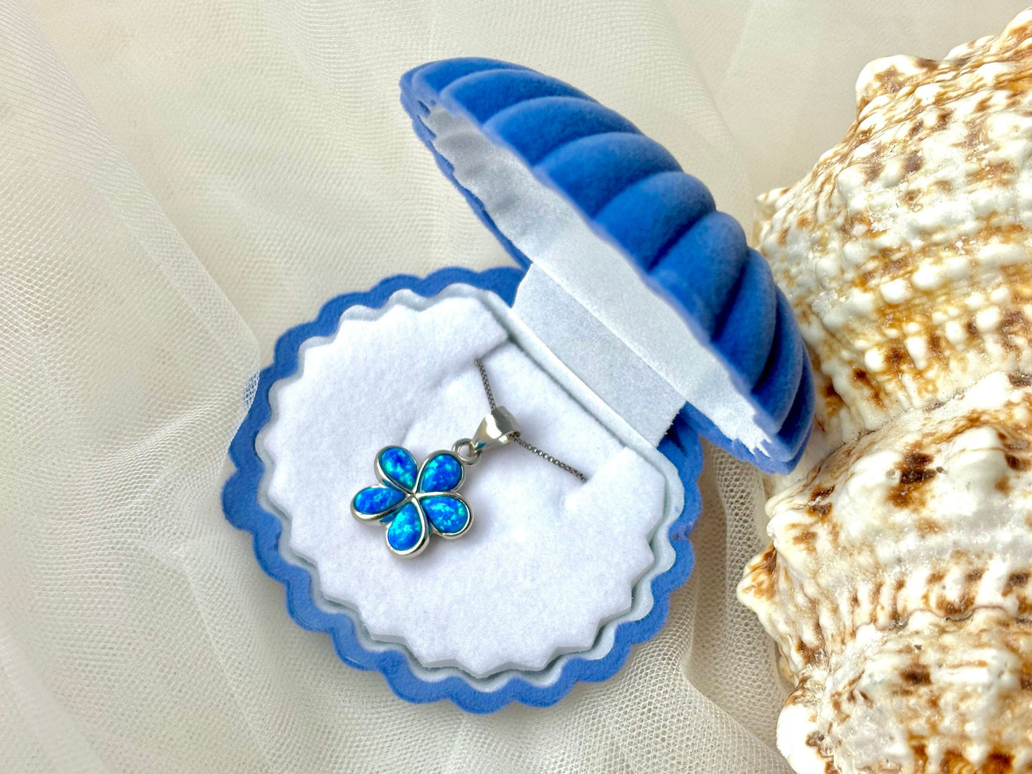 Hawaiian Plumeria Flower Necklace 925 Sterling Silver Tarnish Free Blue Opal Necklace and chain Gift for her Oceanlover Wife daugther Mom