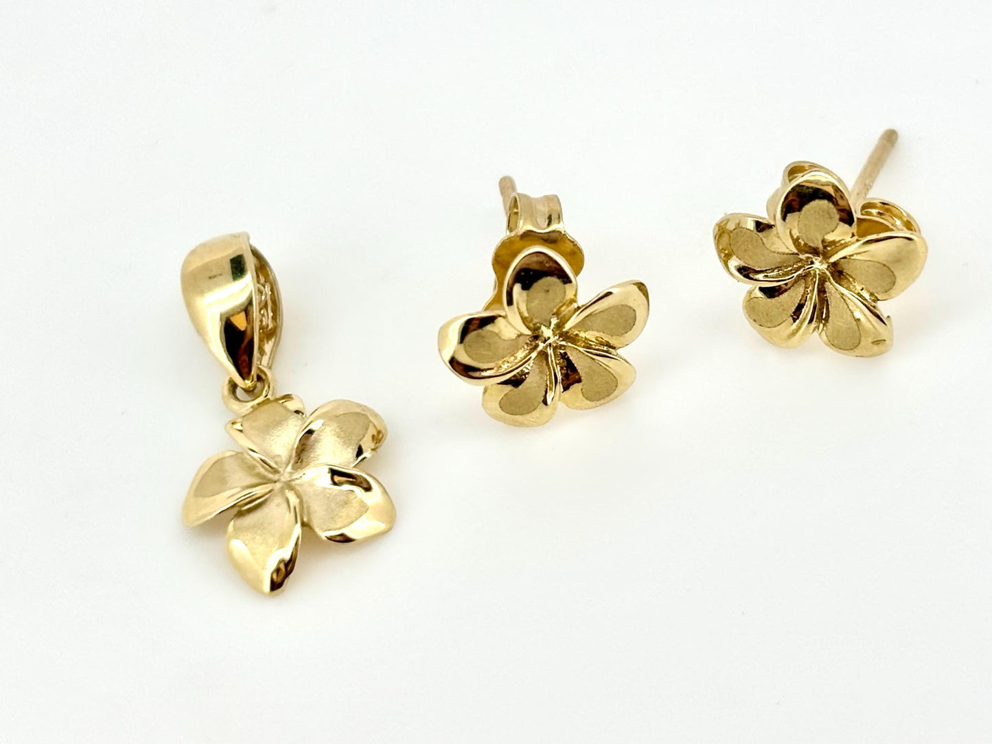 14K Solid Gold Plumeria Pendant Earring Set Flower Jewelry Set Gold Necklace Gold Pendant Birthday Gift for her Gift for Mom Flower Necklace