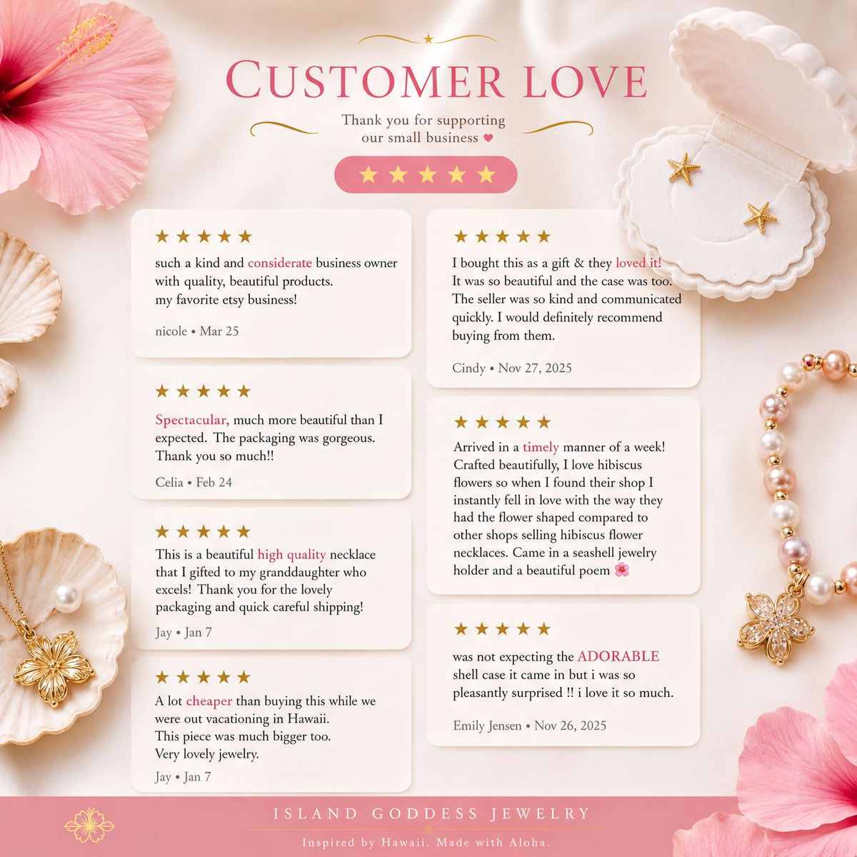 The image is a collage of customer reviews for a jewelry business called "ISLAND GODESS JEWELRY", which is inspired by Hawaii. The reviews express customer love for the business, with praise for the quality and beauty of the jewelry, as well as the friendly and helpful service provided by the business owner. The reviews also mention the unique and beautiful designs of the jewelry, and the overall positive experience of shopping at the business.