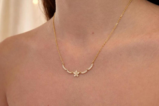 Gold Flower Necklace – Dainty Floral Pendant With Cubic Zirconia Stone, bridal jewelry, Hawaiian flower, gift for her – handmade Hawaiian jewelry, Island Goddess Jewelry