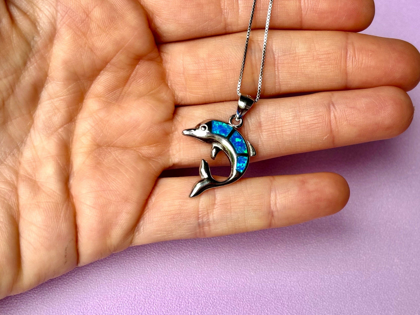 Hawaiian Dolphin Necklace 925 Sterling Silver Waterproof with Blue Opal and CZ, Sealife Birthday Gift for Her Gift for Mom, Girlfriend
