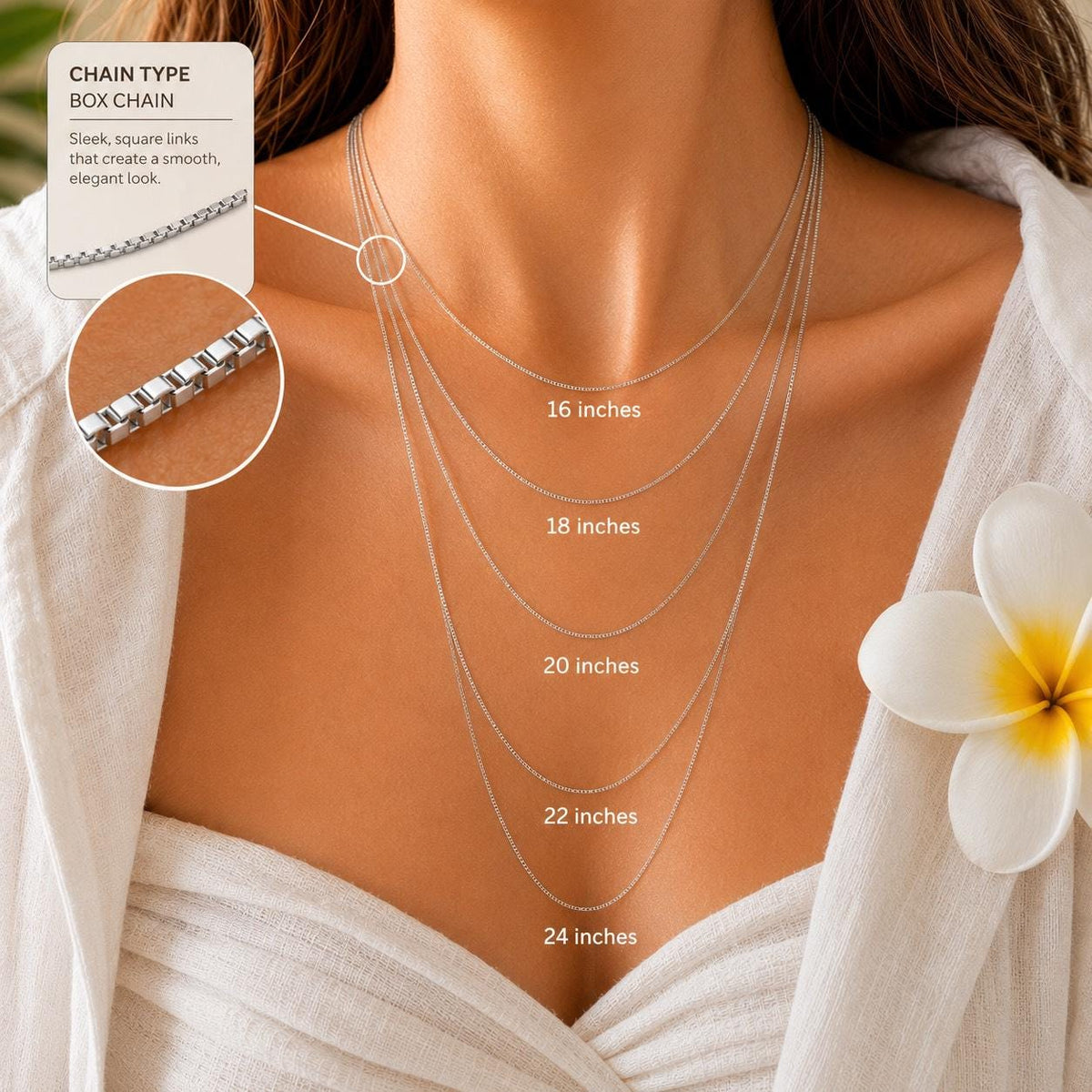 a close-up of a woman's neck with a necklace chain, featuring a series of necklace lengths ranging from 16 to 24 inches.