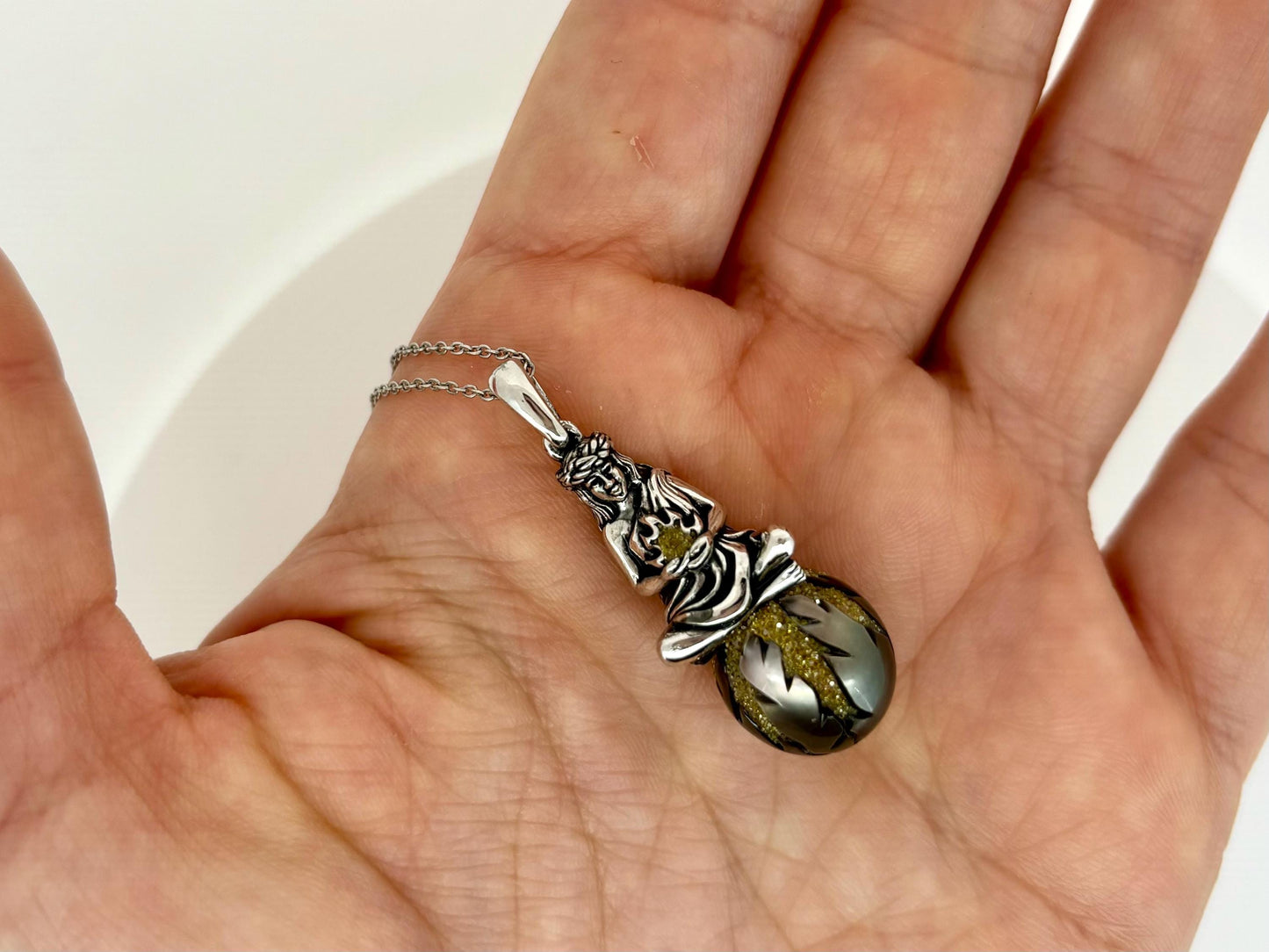 Tahitian Pearl Necklace With Chain 925 Sterling Silver Pele Necklace Volcano Goddess of Hawaii with Yellow Diamonds Birthday Gift for Her