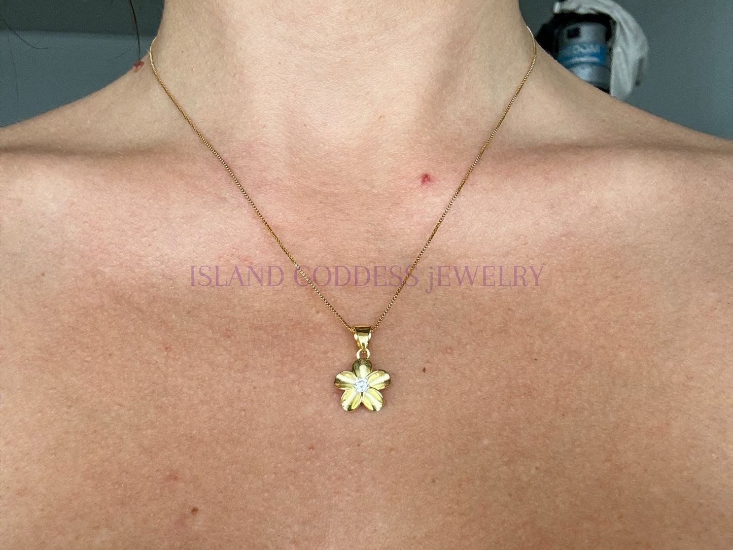 Hawaiian Plumeria Flower Necklace 14K Gold Plated Sterling Silver with Sparkling CZ Stone Romantic Jewelry Gift for her Wife, Mom Girlfriend