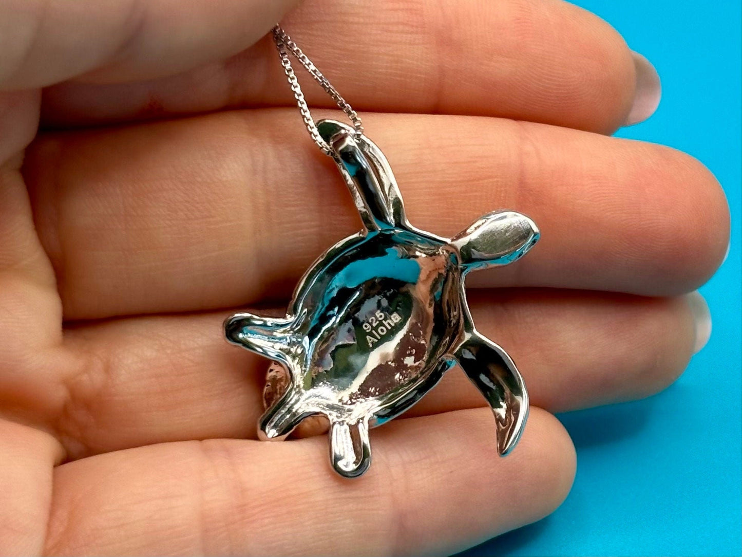 Large Sea Turtle Necklace – 925 Sterling Silver with Koa Wood