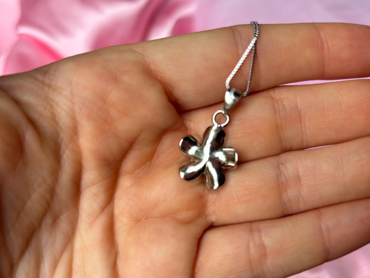 Plumeria Flower Necklace, Pink Cubic Zirconia, 925 Sterling Silver
