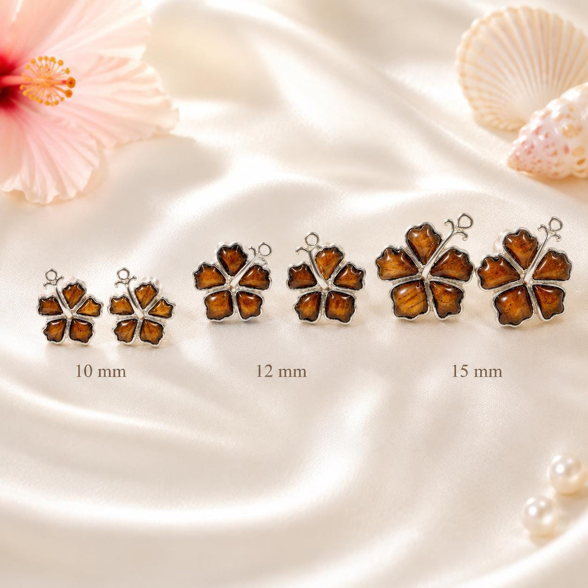 Koa Wood Hibiscus Earrings | 925 Sterling Silver Studs, Gift Box, hawaii, demi fine jewelry, flower stud earrings – handmade Hawaiian jewelry, Island Goddess Jewelry