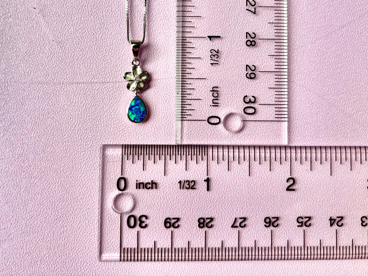 Blue Opal Plumeria Necklace, Rhodium Plated Silver Flower Pendant