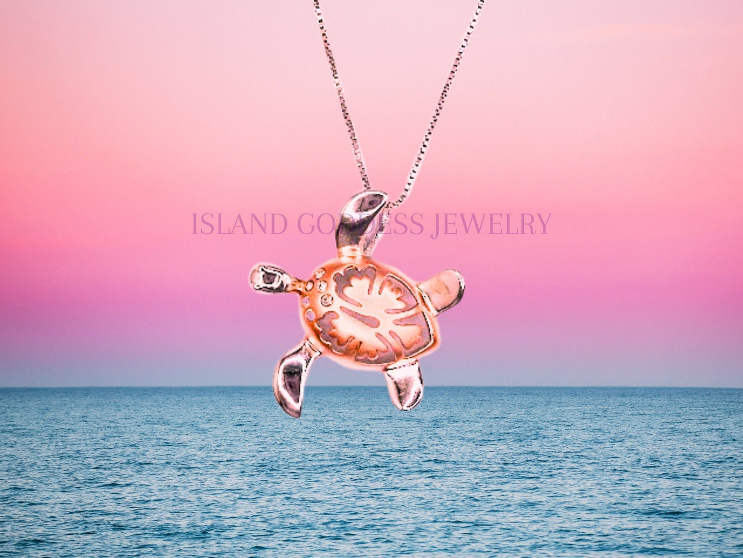 Hawaiian Turtle Necklace, Hibiscus Necklace,14K Rose Gold-Plated 925 Sterling Silver Sparkly Flower Necklace with Chain Cute Gift for Her