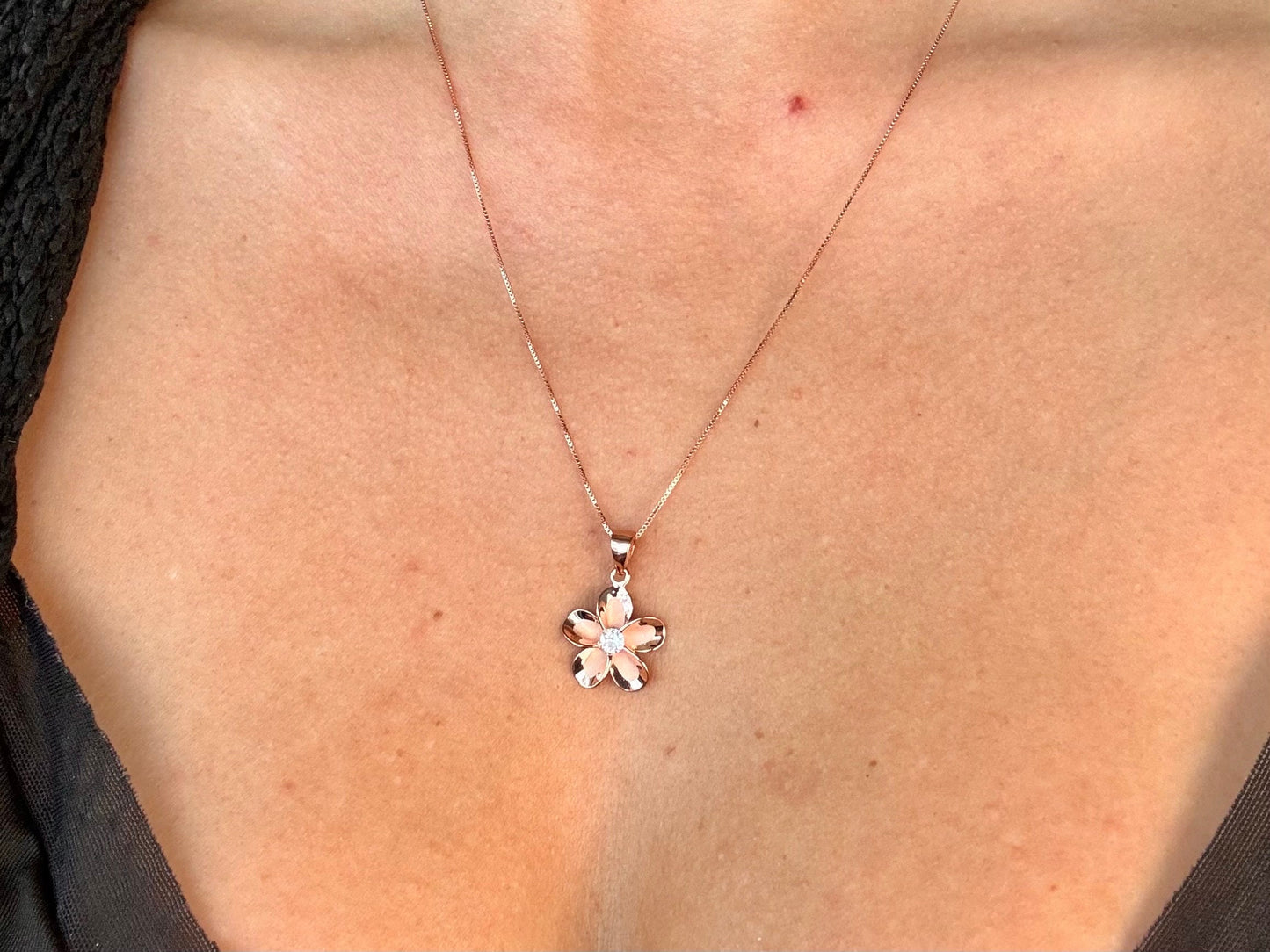 Hawaiian Plumeria Flower Necklace 14K Rose Gold Plated Waterproof 925 Sterling Silver with Chain Birthday Gift for Her Wife, Mom, Girlfriend