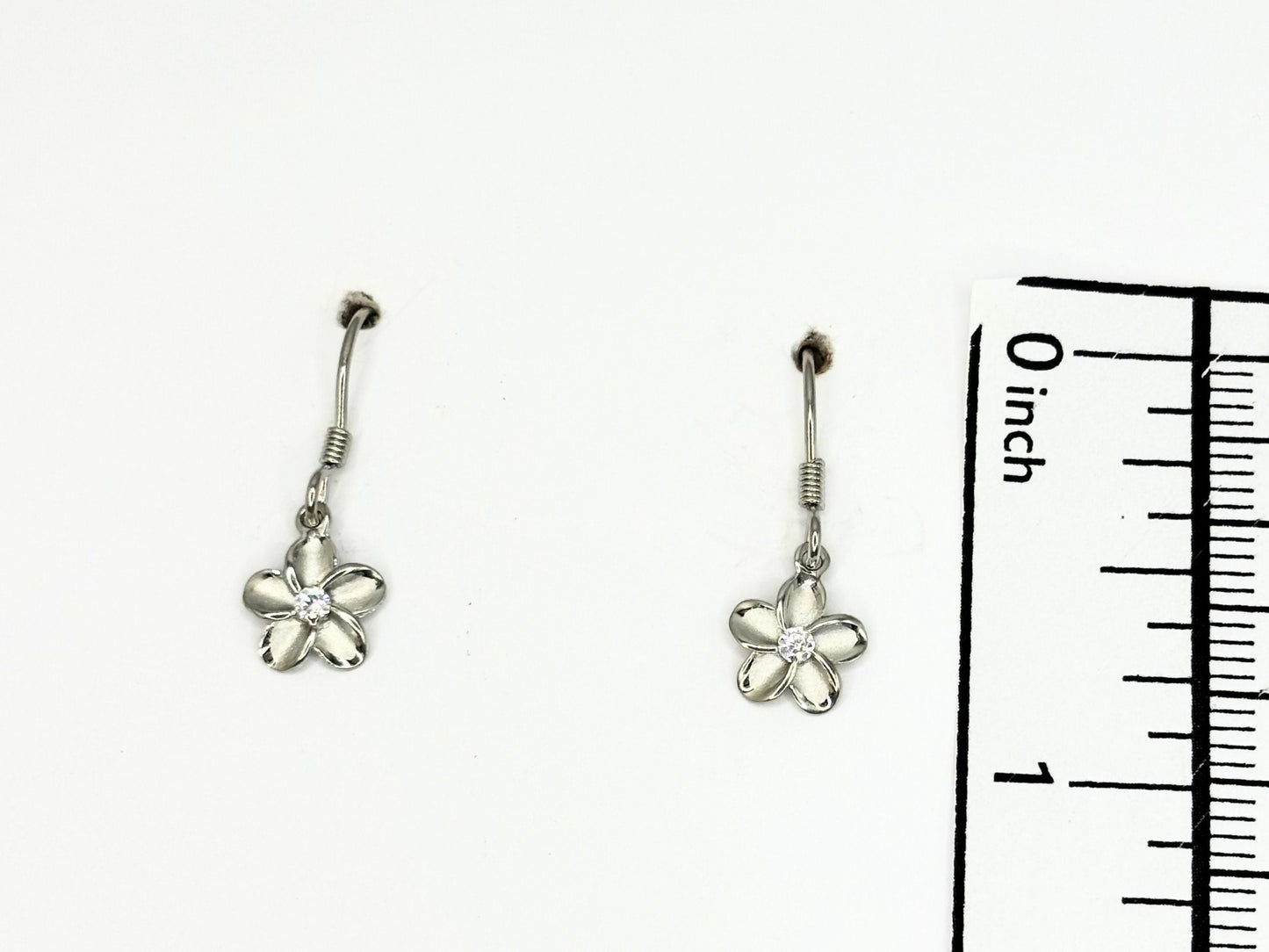 Hawaiian 925 Sterling Silver Rhodium Plated Plumeria Hanging Earrings Cute Gift for Wife Flower Mom Girlfriend sister Stone shiny CZ