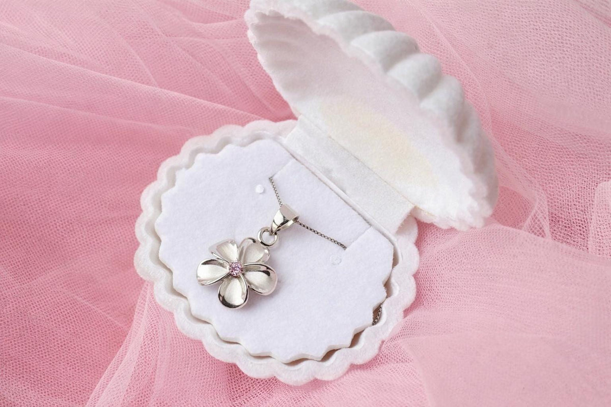 Plumeria Flower Necklace, Pink Cubic Zirconia, 925 Sterling Silver, gift for her, mothers day gift, gift for mom – handmade Hawaiian jewelry, Island Goddess Jewelry