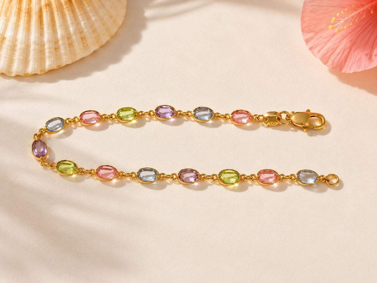 Dainty Gold Gemstone Bracelet, Pastel CZ Chain, Hawaii Made Gift, gift for her, 7th anniversary gift, best friend bracelet – handmade Hawaiian jewelry, Island Goddess Jewelry