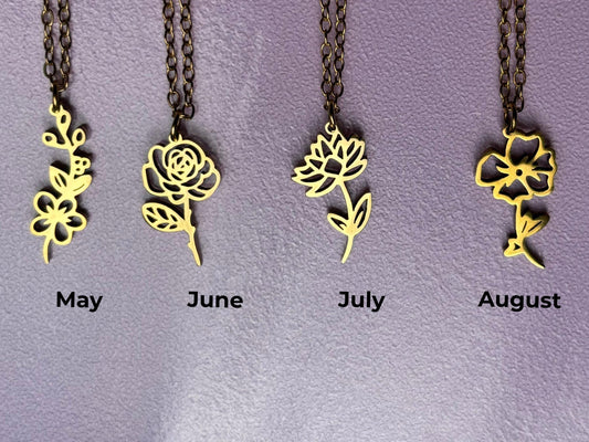 Birth Flower Necklace Stainless Steel 18K Gold Plated Necklace with Chain Birthday Gift for Her - Gift for Mom , Gift for Girlfriend
