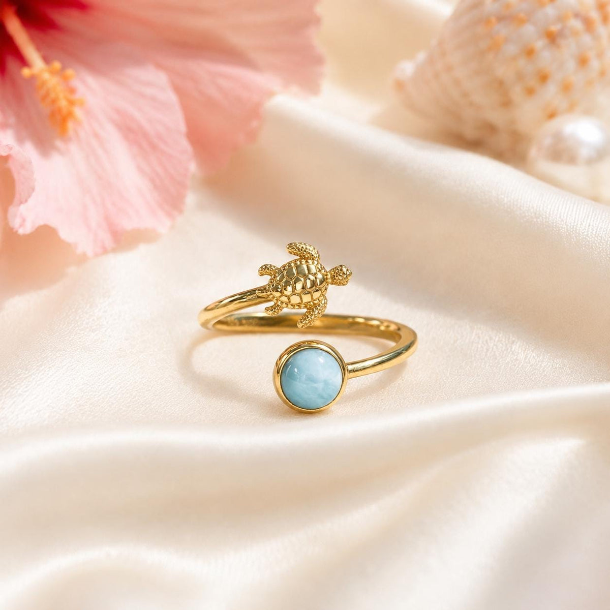 Larimar Turtle Ring, 14K Gold Plated Stackable Nature Jewelry, gift for her, adjustable ring, gift – handmade Hawaiian jewelry, Island Goddess Jewelry