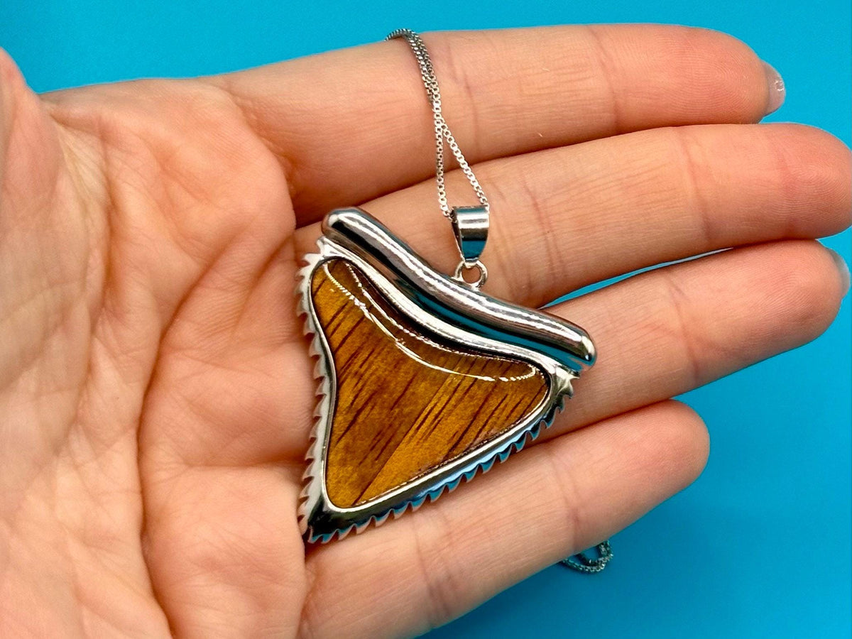 Shark Tooth Necklace, Hawaii Koa Wood, Rhodium Silver Pendant Set, gift, nontarnish, sharklover – handmade Hawaiian jewelry, Island Goddess Jewelry