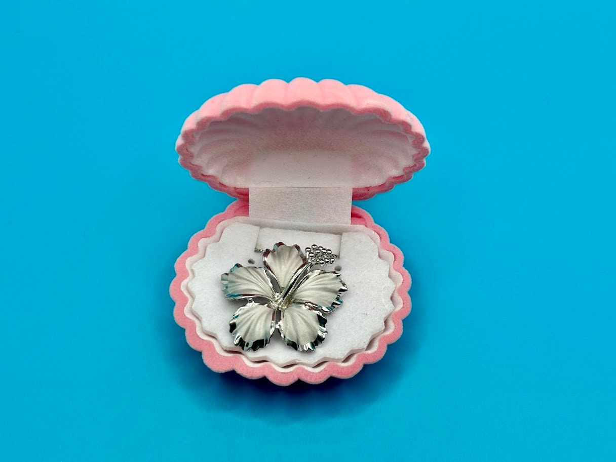 Hawaiian Hibiscus Flower elegant Necklace 925 Sterling Silver large Rhodium Plated with chain Cute Gift for Mom Mother Wife Girlfriend