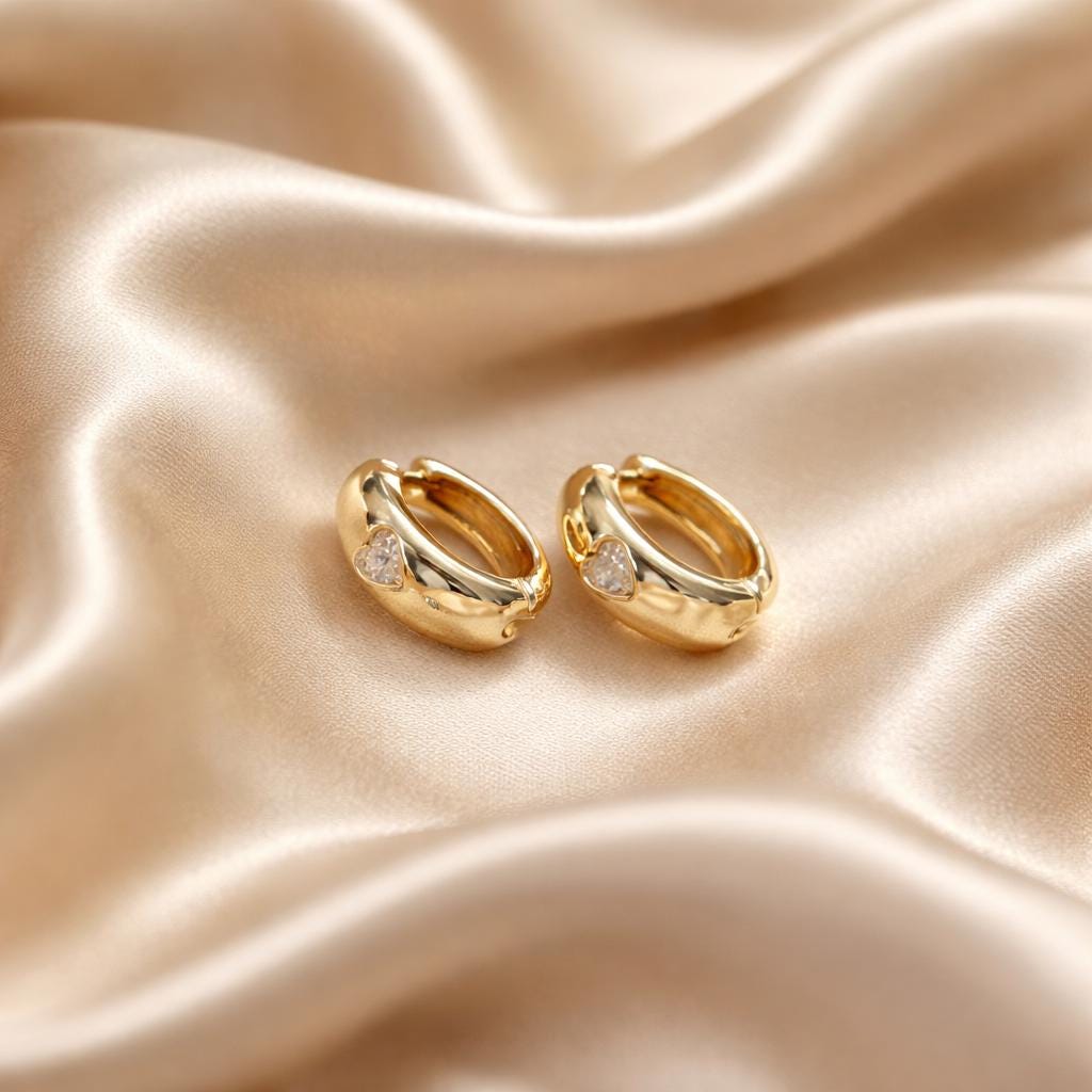 Dainty Hoop Earrings – Gold 14K Plated Heart-Shaped Cubic Zirconia Hoops