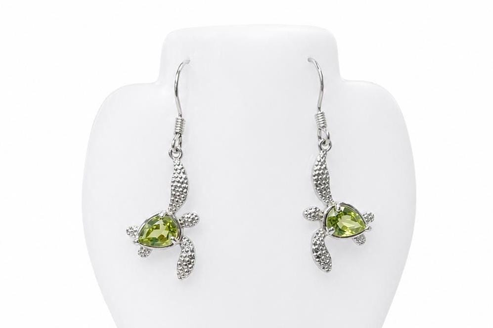 Peridot Turtle Earrings | Rhodium Plated Sterling Silver Gift Box, gift for her, gift for mom, dangle earrings – handmade Hawaiian jewelry, Island Goddess Jewelry