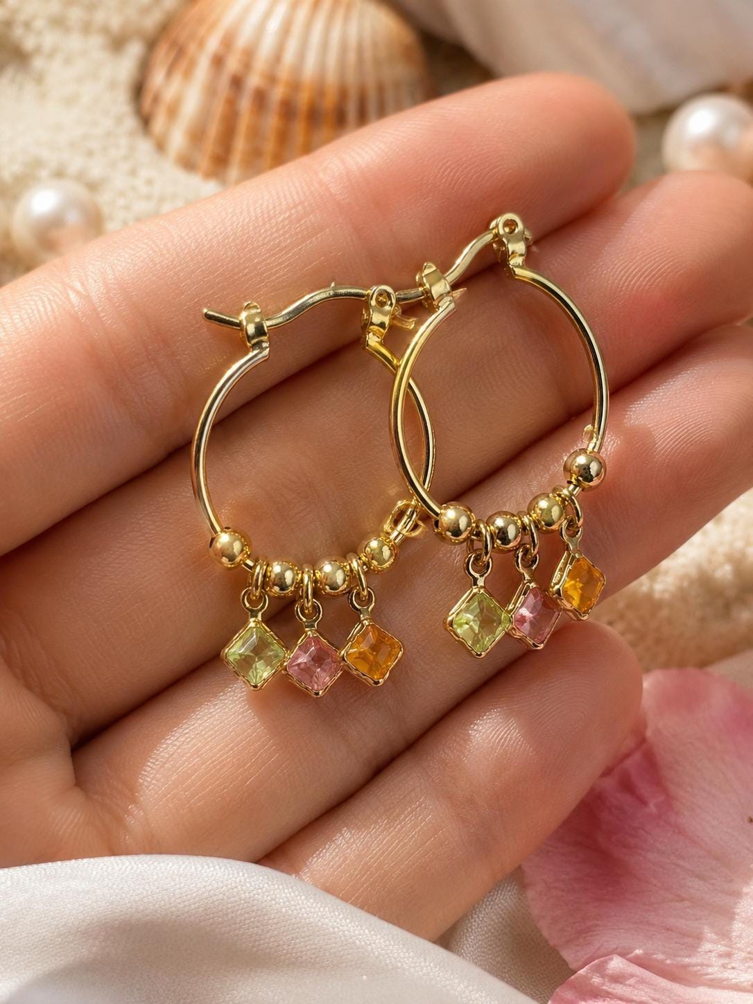 Gold Filled Hoop Earrings, 14K, Pastel CZ, Boho Aesthetic, Gift For Her, astrology lover, daily earrings, everyday earrings – handmade Hawaiian jewelry, Island Goddess Jewelry